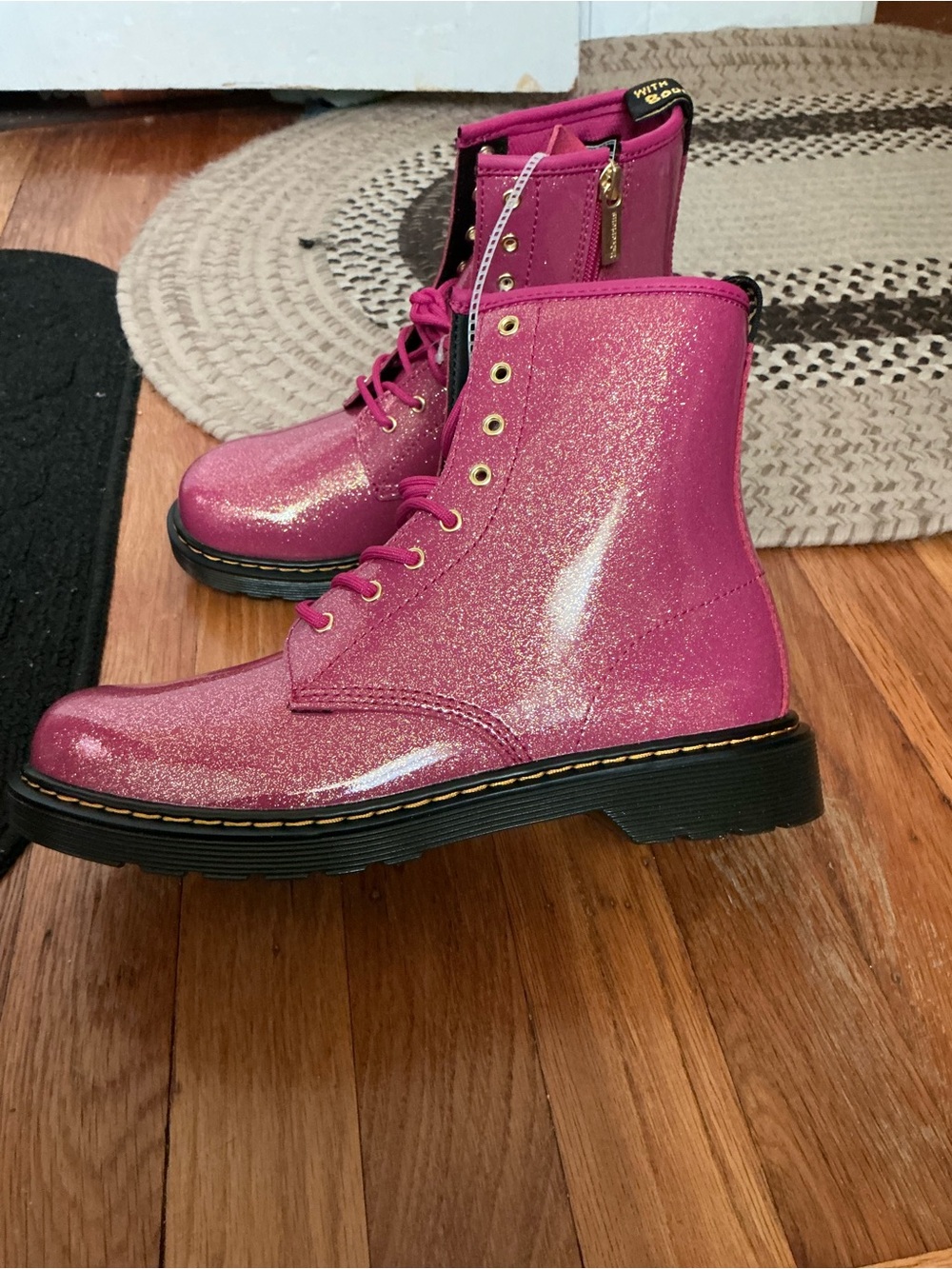 Dr. Martens Pink Glitter Lace-Up Combat Boots - Picture 2 of 11